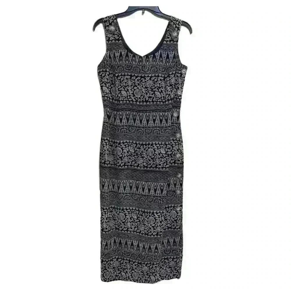 VTG 1980s Dress Sz 10 Santa Fe Geometric Dress, Sleeveless Side Buttons Decor